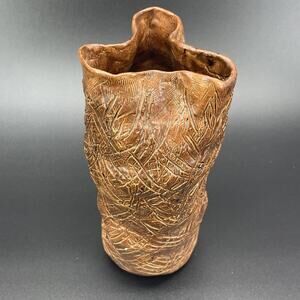 Vintage '66 Brutalist Studio Pottery Brown Textured Handkerchief Vase Signed
